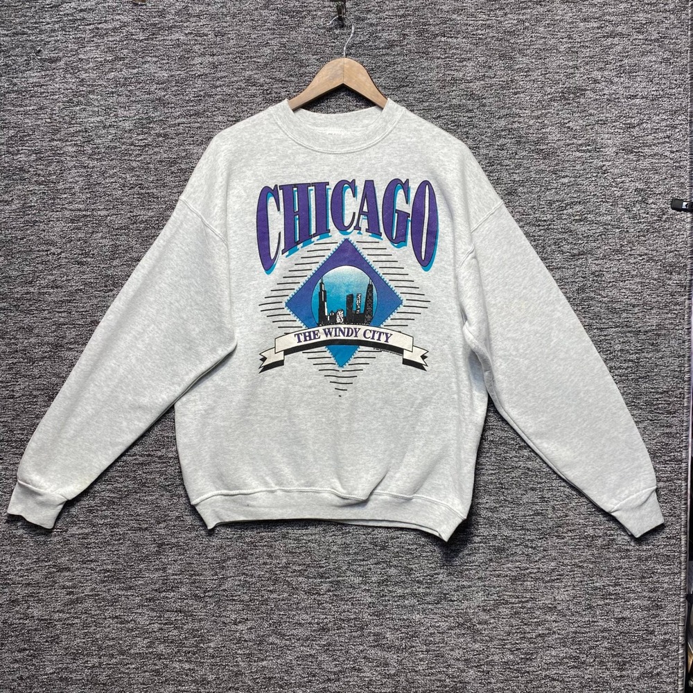 Vintage 90s Chicago The Windy City Sweatshirt XL Fruit of the Loom USA Grey‎